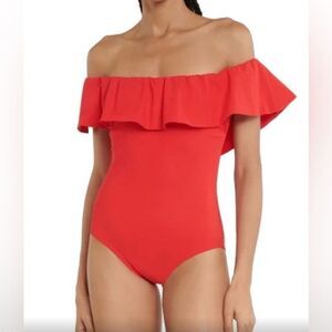 EXPRESS Red Orange Ribbed Ruffle Off The Shoulder Thong Bodysuit